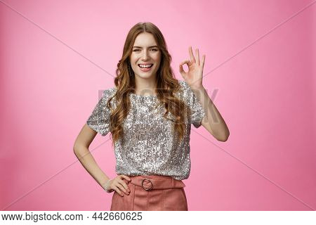 Okay Got It. Charming Friendly-looking Outgoing Glamour Young Attractive Woman Show Ok No Problem Ge