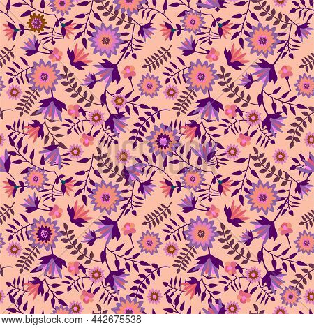 Gerbera Small Flowers And Leaves In Flat Style In Trendy Half Tones 2022. Home Textile, Apparel Fabr
