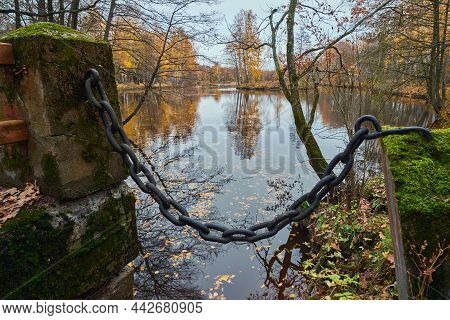 Golden Autumn In The Park: Colorful Fallen Leaves In The Water, Pond, Old Bridge, Chain, Sestroretsk