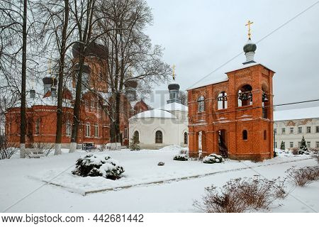 Bell Tower In The Vvedenskaya Island Hermitage On A Winter Day. Russia, Vladimir Region