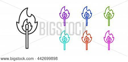 Black Line Burning Match With Fire Icon Isolated On White Background. Match With Fire. Matches Sign.
