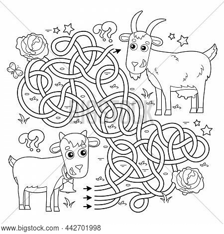 Maze Or Labyrinth Game. Puzzle. Tangled Road. Coloring Page Outline Of Cartoon Goat With Goatling Or