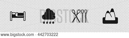 Set Bed, Cloud With Rain, Match Stick And Mountains Icon. Vector