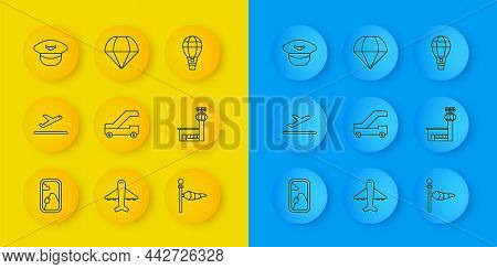 Set Line Airplane Window, Plane Takeoff, Passenger Ladder For Boarding, Cone Meteorology Windsock Va