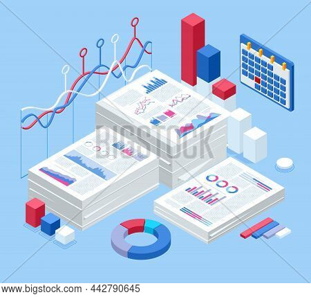 Marketing Data Analysis. Isometric Office Document Folders. Routine, Bureaucracy, Big Data, Paperwor