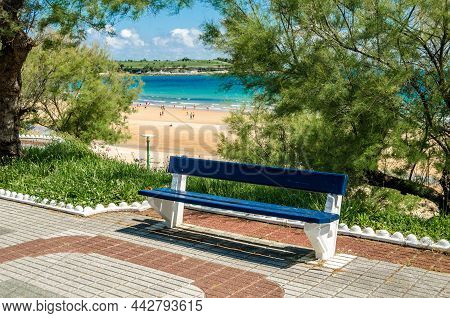 Santander, Spain - July 9, 2021: Sardinero Beach In Santander, Seen From A Park