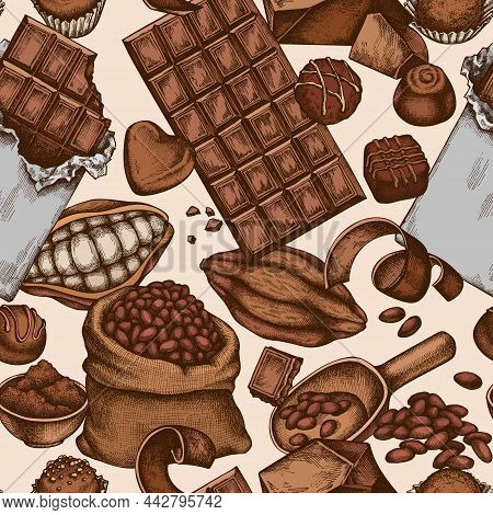 Seamless Pattern With Hand Drawn Colored Cocoa Beans, Cocoa, Chocolate, Chocolate Candies Stock Illu