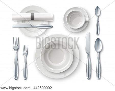 Realistic Table Setting. Top View Restaurant Serving. Etiquette Rules. Different Types Of Plates. Si