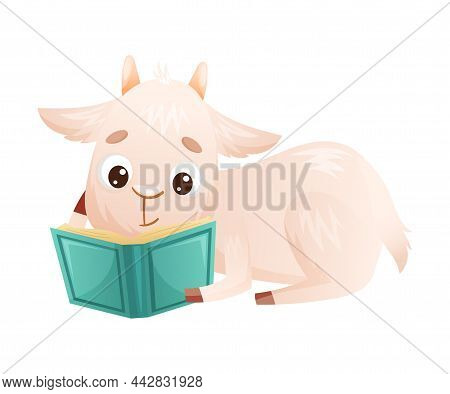 Cute Goatling Reading Book. Smart Baby Animal Sitting And Studying With Book Cartoon Vector Illustra