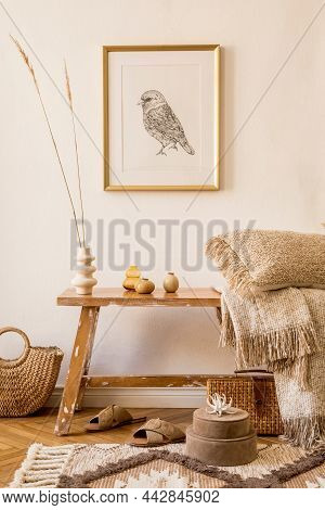 Stylish Composition Of Living Room Interior With Mock Up Frame, Wooden Bench, Pillow, Plaid, Woman B