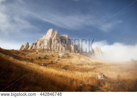 Morning Dawn After Rain With Fog On The Alpine Stone Wastelands Of The Caucasus Mountains. Stone Cas