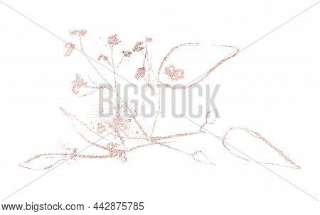 Pink Gold Dust Line Floral Bouquet Isolated On White Background. Sparkle Arrangement With Branches, 