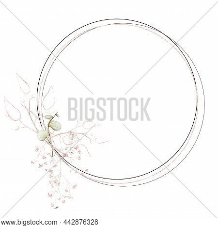 Watercolor Painted Floral Wreath On White Background. Arrangement With Eucalyptus Branch And Pink Go