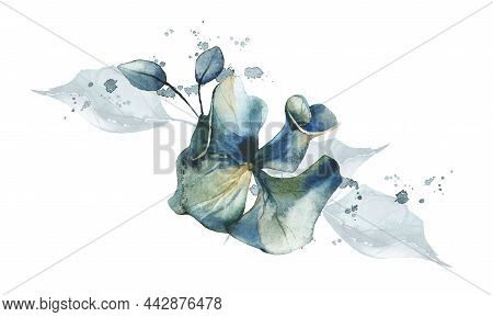 Watercolor Painted Floral Bouquet Isolated On White Background. Arrangement With Airy Blue Flowers O