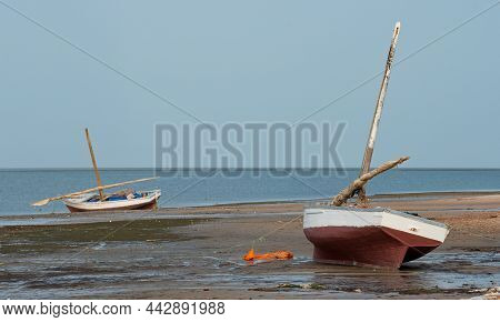West Africa. Mauritania. Unique Sailing Boats Moored To The Shore In The Banc National Nature Park. 
