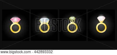 Gold Rings With Diamond, Emerald, Ruby.luxurious Shiny Jewelry On A Black Background. Vector Illustr