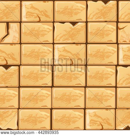 Stone Brick Seamless Pattern, Vector Ancient Rock Texture, Game Nature Environment Yellow Tiles. Mas