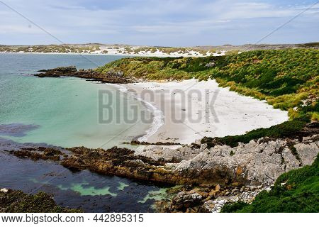 Landscape View Of Beautiful Island White Sand Beach And Turquoise Water.