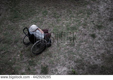 Elderly Woman Sitting In A Wheelchair Against A Background Of Grass