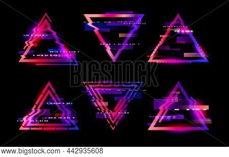 Neon Glitched Triangle Frames, Abstract Distorted Digital Technology Vector Background. Tv Glitch Ef