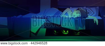 Monsters Hiding Under Bed With Sleeping Woman. Vector Cartoon Illustration Of Bedroom Interior At Ni