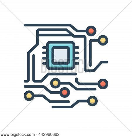 Color Illustration Icon For Electronic Circuit Digital Microchip Tech Chip Semiconductor Board Memor