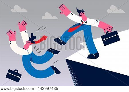 Angry Businessman Punch Colleague Off Cliff Eliminate Rival In Business Industry. Mad Jealous Man Bo