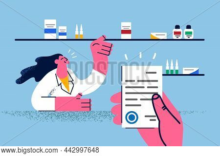 Person With Receipt Buy In Drugstore From Pharmacist. Client Or Customer Make Purchase In Apothecary