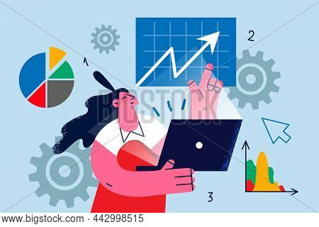 Businesswoman Work On Laptop Analyze Financial Graphs Trader On Stock Exchange Market Online. Woman 