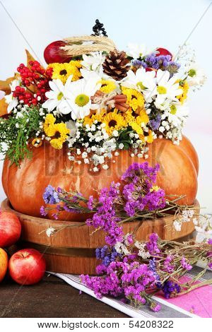 Beautiful autumn composition in pumpkin with apples on table on bright background