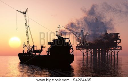 Silhouette tanker and plant for the extraction of oil.