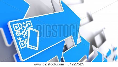 QR Code with Smartphone Icon on Blue Arrow.