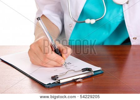 Doctor appoint prescription drugs to patients isolated on white