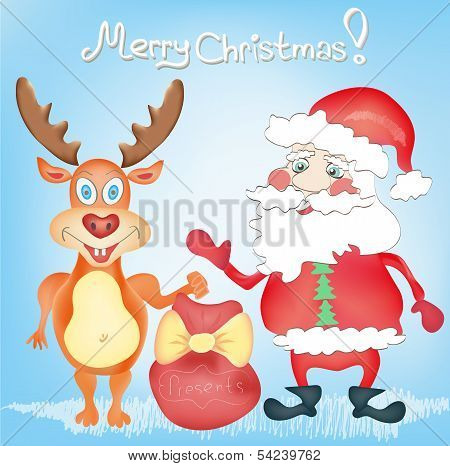 Merry Christmas Holiday Greeting Card With Deer And Santa Claus Cartoon Characters With Presents Bag