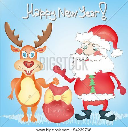 Happy New Year Holiday Greeting Card With Deer And Santa Claus Cartoon Characters With Presents Bag