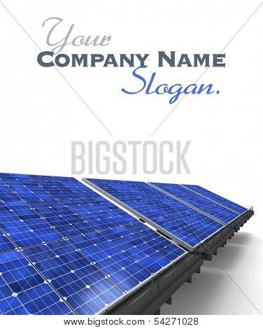 Close-up shot of a row of blue solar panels against a white background
