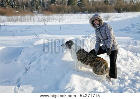 Woman Plays With A Dog In The Winter Afternoon
