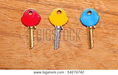 House Keys With Colorful Plastic Coats Caps On Table