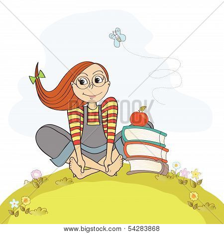 Studious Girl Sitting Barefoot In The Grass
