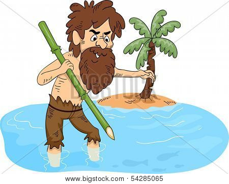 Illustration of a Man Stranded on an Island Trying to Catch Some Fish
