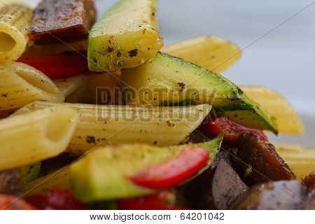 Pasta with shrimps, herbs and mashrooms isolated on white background in studio