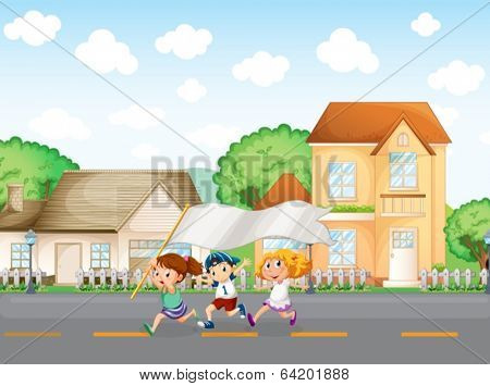 Illustration of the kids outside the big houses with an empty banner