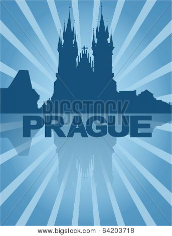 Tyn Church Prague reflected with blue sunburst vector illustration