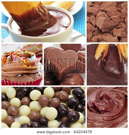 a collage of different sweet food made with cocoa, such as chocolates, hot chocolate or chocolate cupcakes