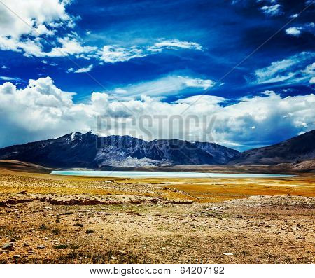 Vintage retro effect filtered hipster style travel image of Himalayan lake Kyagar Tso, Ladakh, India