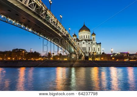 Cathedral Of Christ The Saviour And Patriarshy Bridge In The Evening, Moscow, Russia