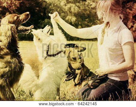 Woman With Dog Group Vintage Photo