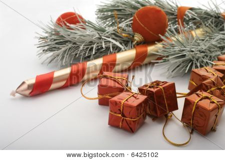Christmas Tree, Candle And Gifts In Special Sofl Colour