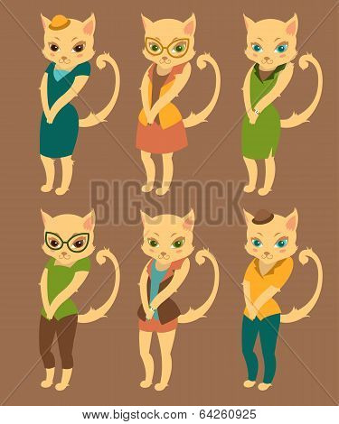 Cartoon set of cute cats in retro style clothes