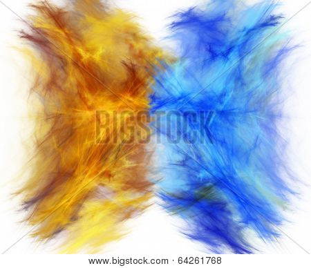 Fantastic golden luminous mist mixed with its negative reflection. Fractal art graphics
